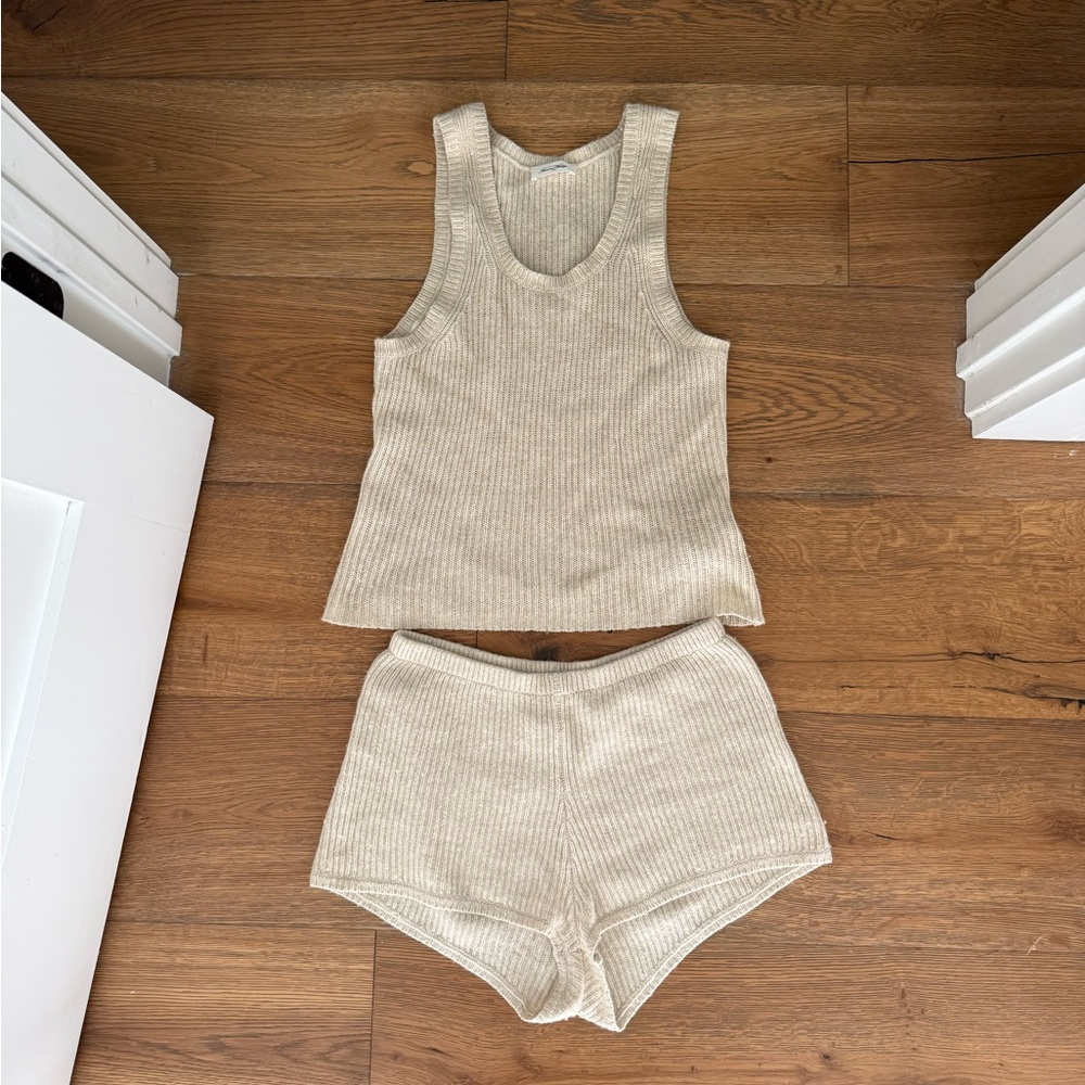 American Vintage cream ribbed tank top and shorts set